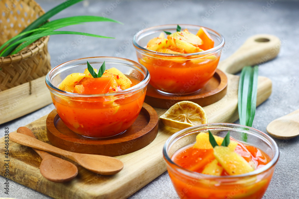 Asinan Buah or Indonesian pickled mixed fruits, spicy sweet and sour taste. Asinan Buah or Indonesian pickled mixed fruits, spicy sweet and sour taste.