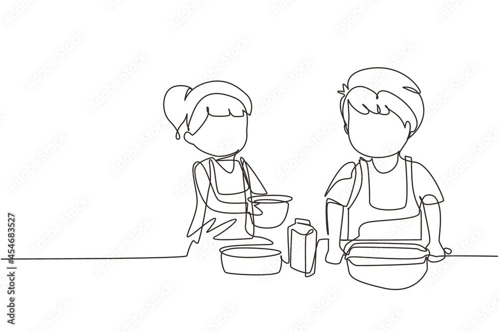 Continuous one line drawing siblings boy and girl baking together with rolling pin at kitchen counter. Happy kids making homemade bakery at home. Single line draw design vector graphic illustration Continuous one line drawing siblings boy and girl baking together with rolling pin at kitchen counter. Happy kids making homemade bakery at home. Single line draw design vector graphic illustration