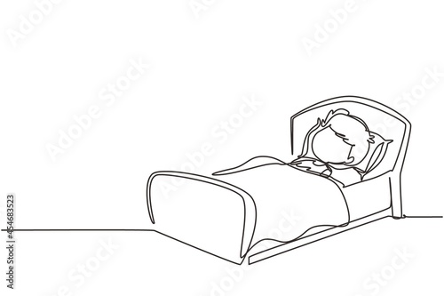 Single one line drawing cute boy sleeping on tonight dreams, good night and sweet dreams. Happy little child sleep in bed room. Kid sleeping. Continuous line draw design graphic vector illustration