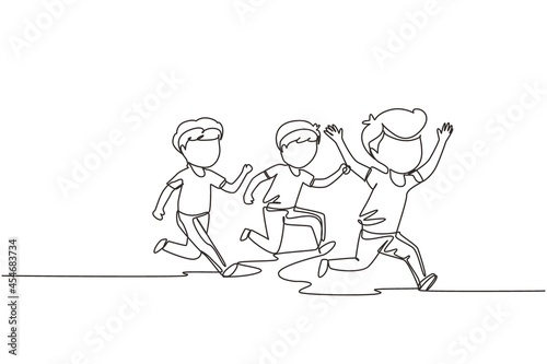 Single continuous line drawing children in athletics competitions. The boys run in stadium and finish. The child came running first and won. Dynamic one line draw graphic design vector illustration
