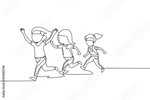 Single continuous line drawing children in athletics competitions. The girls run in stadium and finish. The child came running first and won. Dynamic one line draw graphic design vector illustration