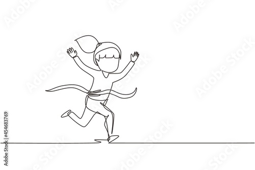 Continuous one line drawing cute girl run in race and win first place. Little kid running to finish line first, children physical activity concept. Single line draw design vector graphic illustration
