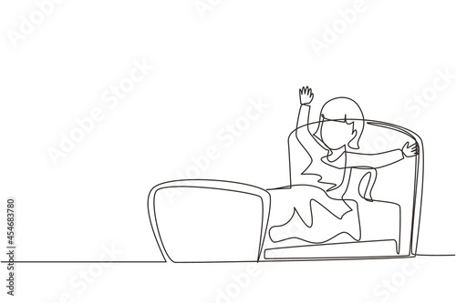 Continuous one line drawing little girl wake up and still yawning, still lying in bed under blanket. Sleepy child on bed in late weekend morning. Single line draw design vector graphic illustration