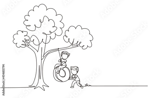 Single continuous line drawing happy two boys playing tire swing under tree. Cute kids swinging on tire hanging from tree. Children playing in garden. One line draw graphic design vector illustration