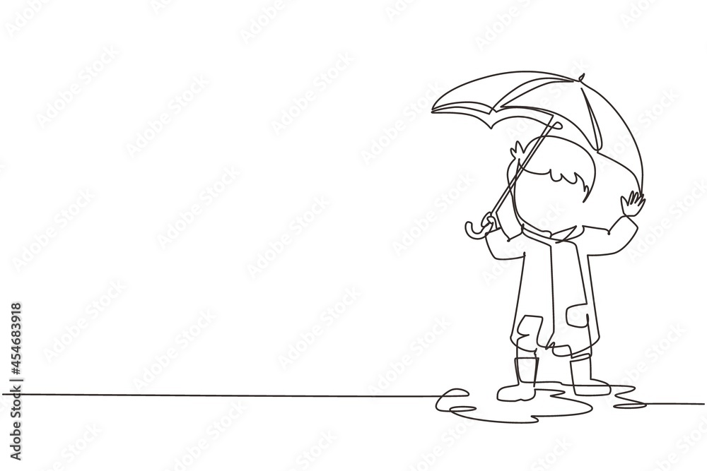 Continuous one line drawing little boy play wear raincoat and umbrella