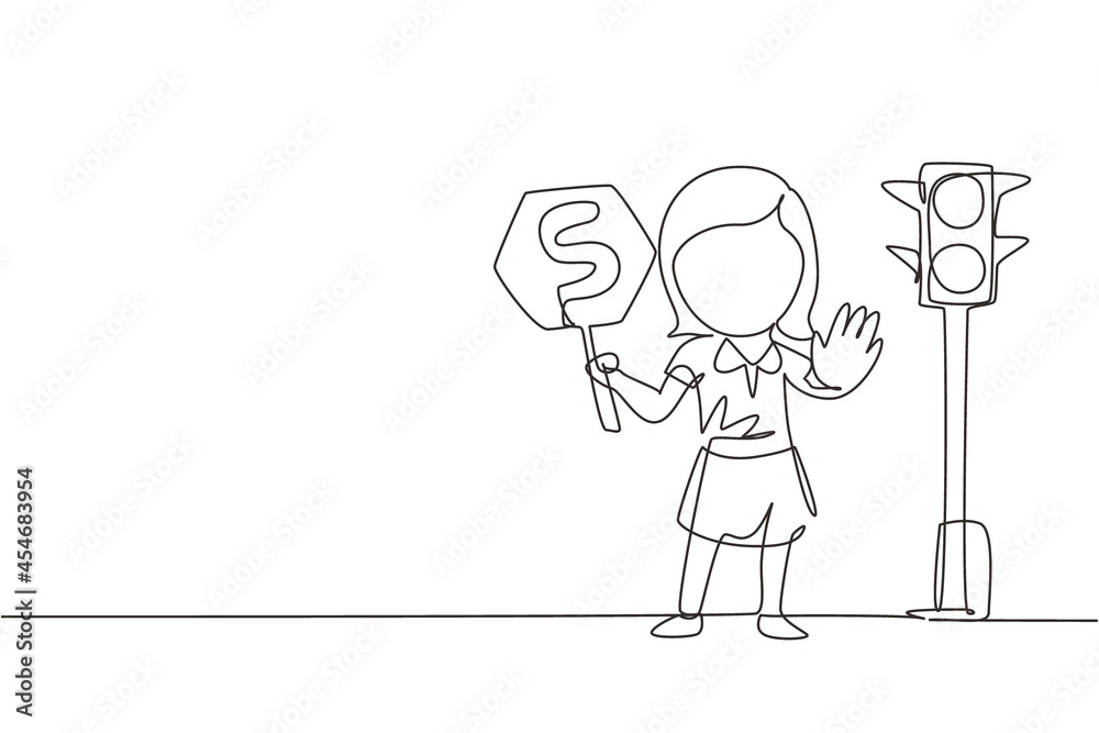 Continuous one line drawing little girl holding stop sign in arm standing near road, pedestrian rules for kids, traffic light in vector style. Child holding stop sign. Single line design illustration Continuous one line drawing little girl holding stop sign in arm standing near road, pedestrian rules for kids, traffic light in vector style. Child holding stop sign. Single line design illustration