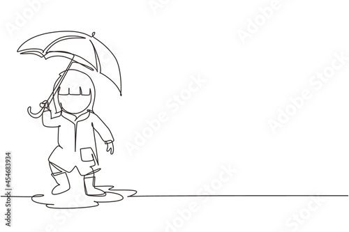 Continuous one line drawing little girl play wear raincoat and umbrella. Child playing in rain. Kid in raincoat and rubber boots plays in rain, puddle splashing. Single line draw design vector graphic