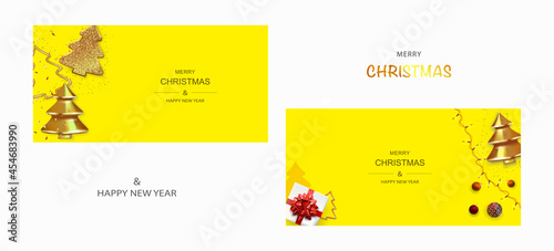 Xmas Poster, greeting cards, banner. New Year horizontal Background. Flat top view of gift boxes and Luminous garlands.