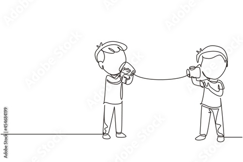 Single continuous line drawing little boys talk using string phone. Children communicating through paper cups phone. Kids playing with can telephone. One line draw graphic design vector illustration