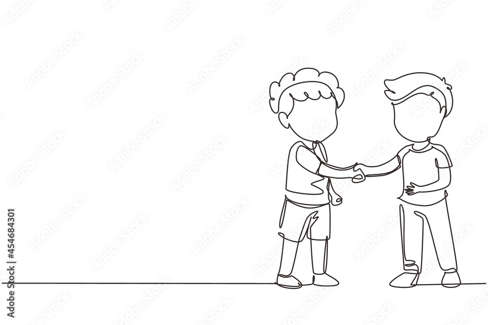 Single one line drawing boys standing and shaking hands making friendship. Children introduce themselves. Cute boys touching each other's hand. Continuous line draw design graphic vector illustration