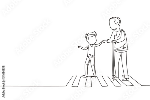 Single continuous line drawing happy boy helps grandfather cross road. Courteous kind kid taking old man across road, holding hand. Manners and respect. One line graphic design vector illustration