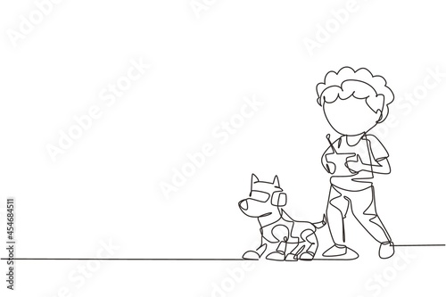 Single one line drawing boy playing with electronic toy dog robot with remote control in hands. Happy kids with remote control robot pet. Modern continuous line draw design graphic vector illustration