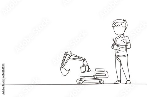 Single continuous line drawing boy playing with remote-controlled excavator toy. Kids playing with electronic toy excavator with remote control in hands. One line graphic design vector illustration