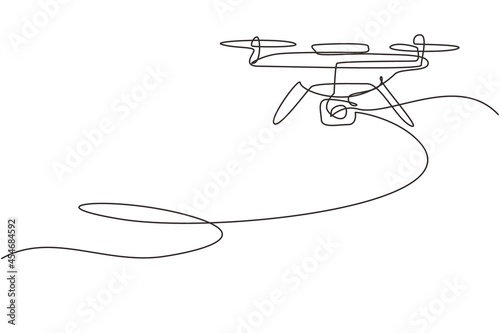Continuous one line drawing remote control air drone. Drone flying with action video camera. Drone photography and drone video created. Quadcopter with camera. Single line draw design vector graphic