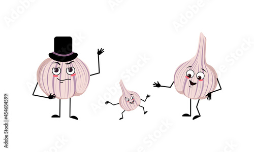 Family of cute garlic characters with joyful emotions, smile face, happy eyes, arms and legs. Mom is happy, dad wears a hat, and the child dances. Spicy vegetable or seasoning in the form of a person