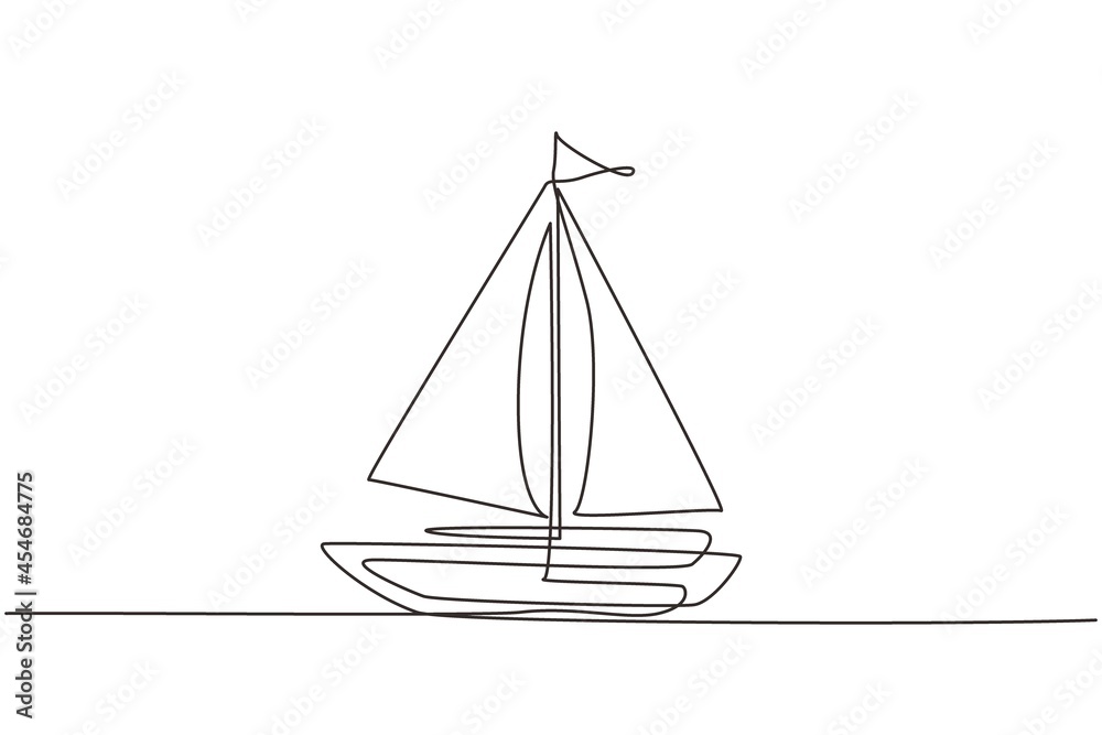 Single one line drawing little sailing ship, boat, sailboat, flat style. Icon or symbol of toy boat, sailing ship, sailboat with white sails. Continuous line draw design graphic vector illustration