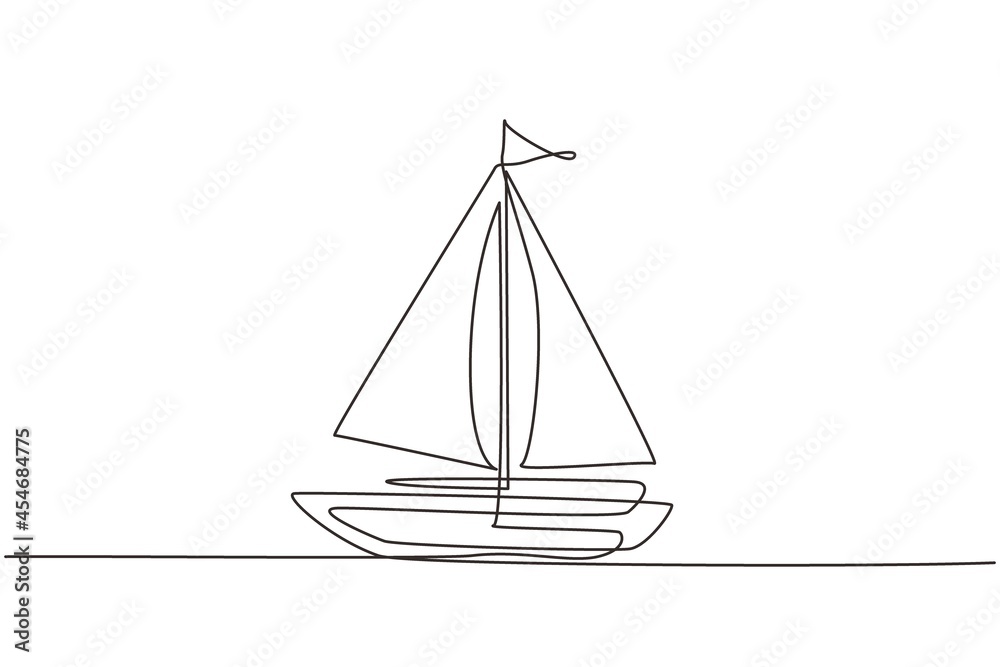 Single one line drawing little sailing ship, boat, sailboat, flat style. Icon or symbol of toy boat, sailing ship, sailboat with white sails. Continuous line draw design graphic vector illustration Single one line drawing little sailing ship, boat, sailboat, flat style. Icon or symbol of toy boat, sailing ship, sailboat with white sails. Continuous line draw design graphic vector illustration