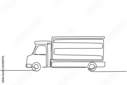 Single continuous line drawing cargo truck for shipment. Delivery of cargo. Heavy automobile. Auto in flat design. Children's toy cargo truck. Dynamic one line draw graphic design vector illustration