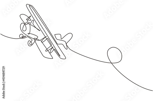 Continuous one line drawing vintage airplanes models. Retro motor aircraft with propeller icon. Monoplane and biplane planes. Air transportation. Single line draw design vector graphic illustration photo