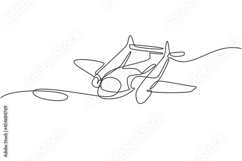Single continuous line drawing vintage airplanes models. Retro motor aircraft with propeller icon. Monoplane and biplane planes. Air transportation. One line draw graphic design vector illustration