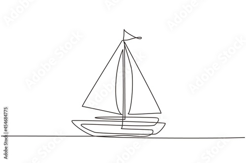 Single one line drawing little sailing ship, boat, sailboat, flat style. Icon or symbol of toy boat, sailing ship, sailboat with white sails. Continuous line draw design graphic vector illustration