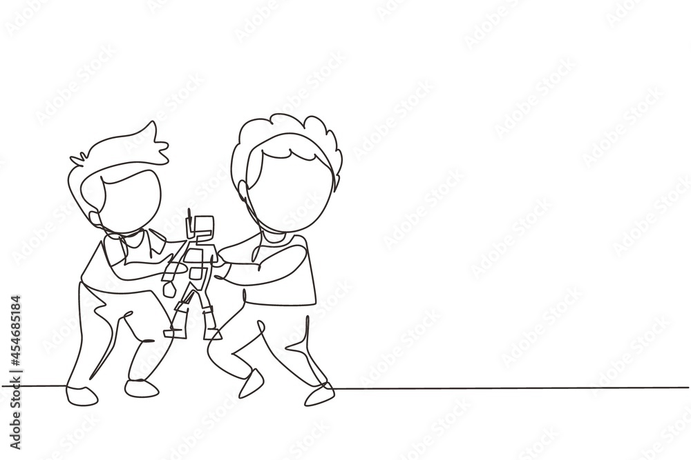 Single continuous line drawing two little boys fighting over a robot toy. Conflict between children. Kids sibling fighting in playroom because of doll. One line draw graphic design vector illustration Single continuous line drawing two little boys fighting over a robot toy. Conflict between children. Kids sibling fighting in playroom because of doll. One line draw graphic design vector illustration