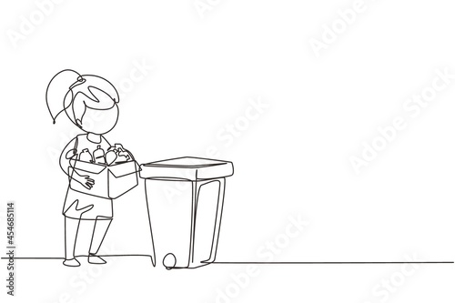 Single continuous line drawing girl gathering garbage and plastic waste for recycling. Kid picking up plastic bottles into garbage. Eco education. One line draw graphic design vector illustration