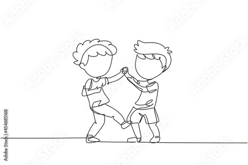 Single one line drawing angry preschool boys kids fighting each other kicking legs. Aggressive bully kids fight. Bullying children. Childhood aggression violence. Continuous line design graphic vector