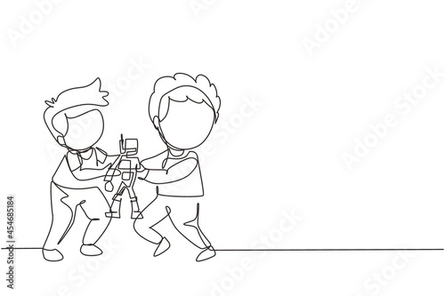 Single continuous line drawing two little boys fighting over a robot toy. Conflict between children. Kids sibling fighting in playroom because of doll. One line draw graphic design vector illustration