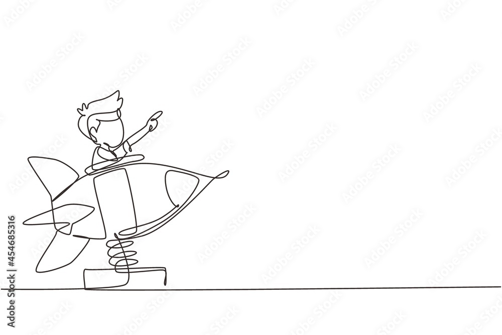 Continuous one line drawing little boy riding in toy rocket. Kid driving spaceship in amusement park. Child in rocket riding cosmic ship. Playground for preschoolers. Single line draw design vector Continuous one line drawing little boy riding in toy rocket. Kid driving spaceship in amusement park. Child in rocket riding cosmic ship. Playground for preschoolers. Single line draw design vector