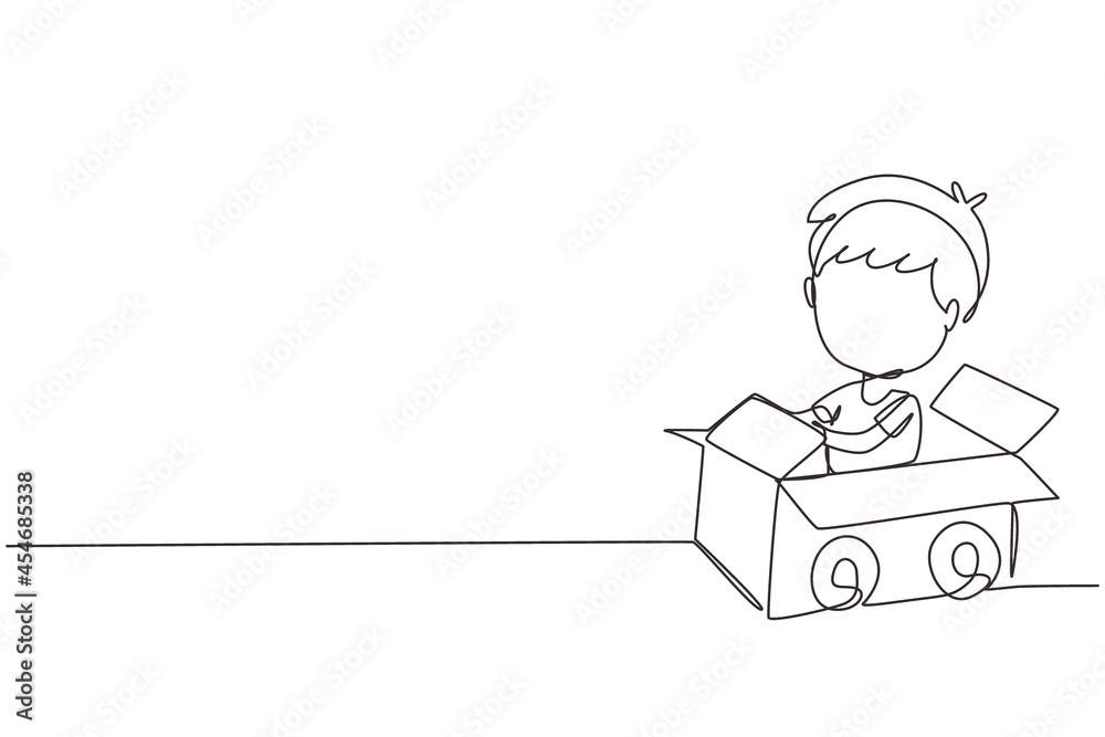 Single one line drawing boy driving cardboard car. Happy child ride on toy car made of cardboard. Creative kids plays with his cardboard car. Continuous line draw design graphic vector illustration Single one line drawing boy driving cardboard car. Happy child ride on toy car made of cardboard. Creative kids plays with his cardboard car. Continuous line draw design graphic vector illustration