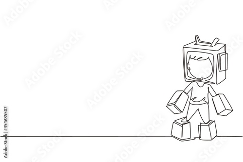 Continuous one line drawing cute boy play cardboard battle robot suit, cosplay male kid entertainment robotic costume. Children creative imagine idea, inventive fantasy. Single line draw design vector