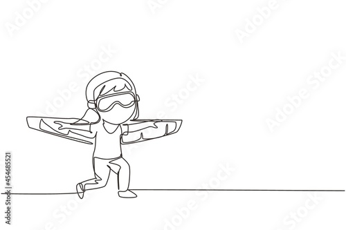 Continuous one line drawing happy kid girl play toy plane cardboard. Children playing toy plane cardboard, little cute kid in an astronaut costume. Single line draw design vector graphic illustration