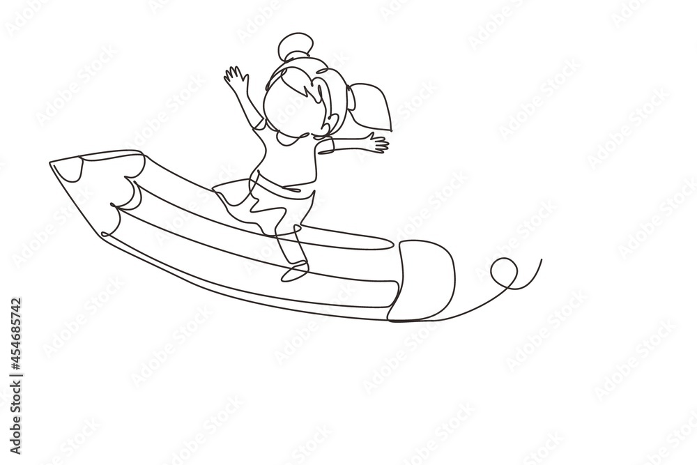 Single one line drawing happy girl sitting on flying pencil, get ready for studying. Kids riding on stationary. Back to school or creative thinking concept. Modern continuous line draw design graphic