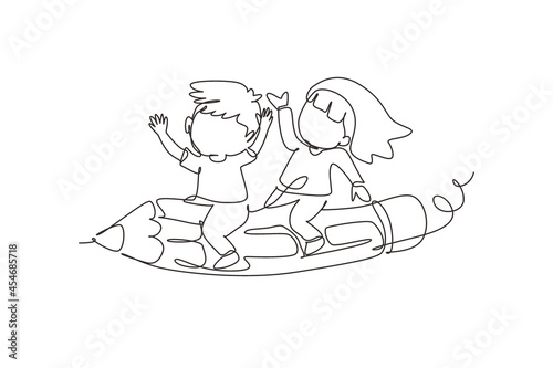 Continuous one line drawing happy school kids riding flying pencil, get ready for studying. Children riding on stationary. Back to school concept. Single line draw design vector graphic illustration