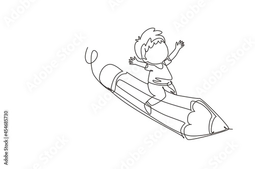 Single one line drawing happy boy sitting on flying pencil, get ready for studying. Kids riding on stationary. Back to school or creative thinking concept. Modern continuous line draw design graphic