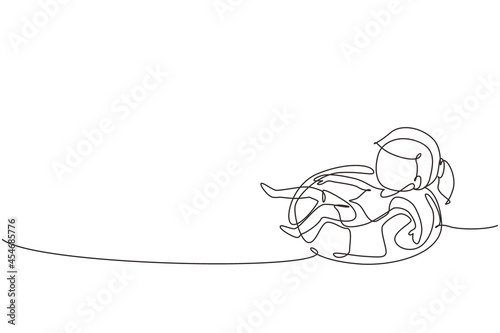Continuous one line drawing little girl floating with lifebuoy with happy and relax poses wearing beach and swimming attires. Kids feeling happy while using tire buoy. Single line draw design vector