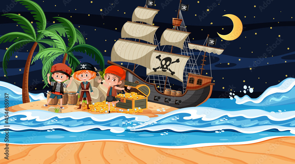 Naklejka premium Treasure Island scene at night with Pirate kids