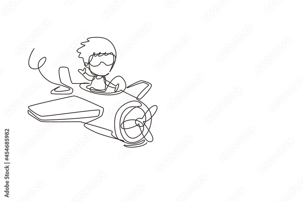Continuous one line drawing little boy operating plane. Kids flying in airplane. Happy smiling kid flying plane like real pilot and dreaming of piloting profession. Single line draw design vector