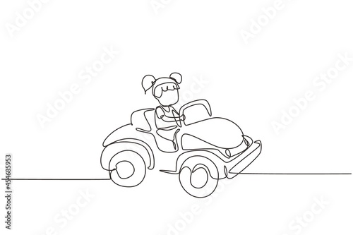 Single continuous line drawing girl driving car, happy cute child. Little girl smiling happy driving toy car. Children's trip in small car. Dynamic one line draw graphic design vector illustration