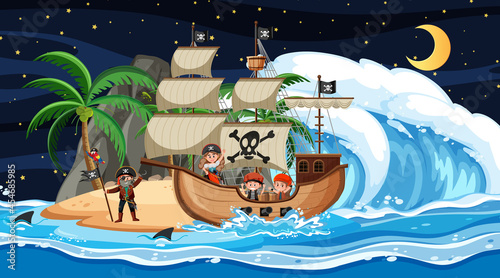 Island with Pirate ship at night scene in cartoon style
