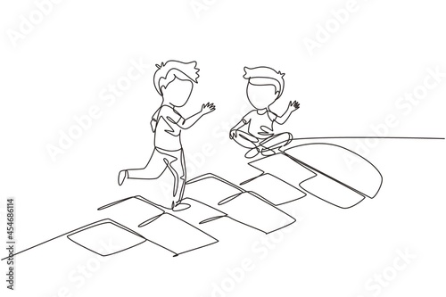 Single continuous line drawing two little boys playing hopscotch at kindergarten yard. Kids playing hopscotch game outside. Hop scotch court drawn with chalk. One line draw graphic design vector