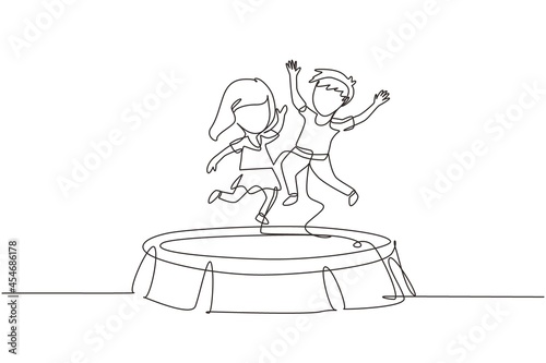 Continuous one line drawing happy girl and boy jumping together on trampoline. Cute little kids jumping on round trampoline. Active children's outdoors games. Single line draw design vector graphic
