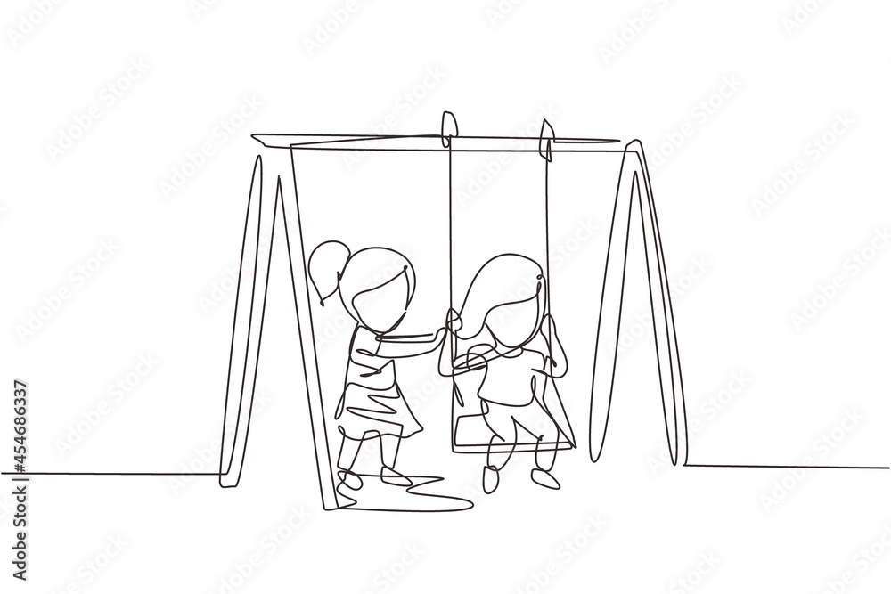 Vetor do Stock Single one line drawing cute little girl swinging on