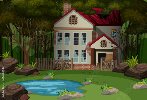 Scene with abandoned house in the dark forest