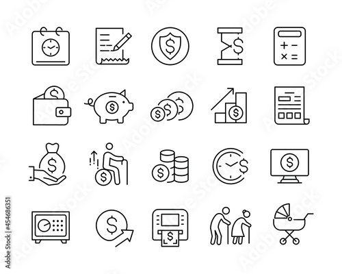 Retirement and Pension Icons - Vector Line Icons. Editable Stroke. Vector Graphic
