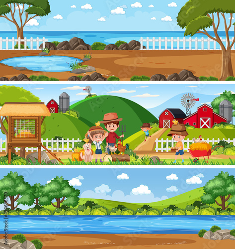 Different nature landscape at daytime scene with cartoon character