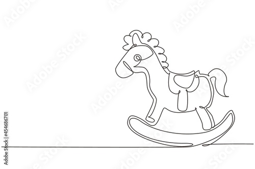 Single continuous line drawing wooden rocking horse chair children. Classic homemade wooden rocking horse for kids. Vintage children horse toy. Dynamic one line draw graphic design vector illustration