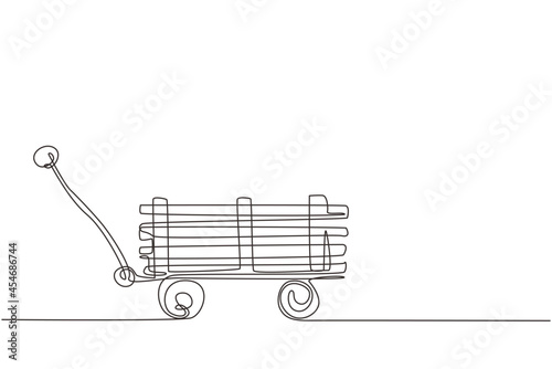 Continuous one line drawing toy mini wagon with wooden. Farm wheelbarrow. Equipment of garden cart for gardening, harvesting, planting seedlings. Single line draw design vector graphic illustration