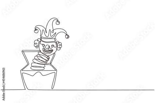 Single one line drawing Jack in the box. Amusing toy jumping out from box. Jack in the box toy, a surprise and springing out of box. Modern continuous line draw design graphic vector illustration